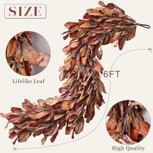 6 FT Artificial Fall Magnolia Leaf Garland for Fireplace Decoration(Orange)