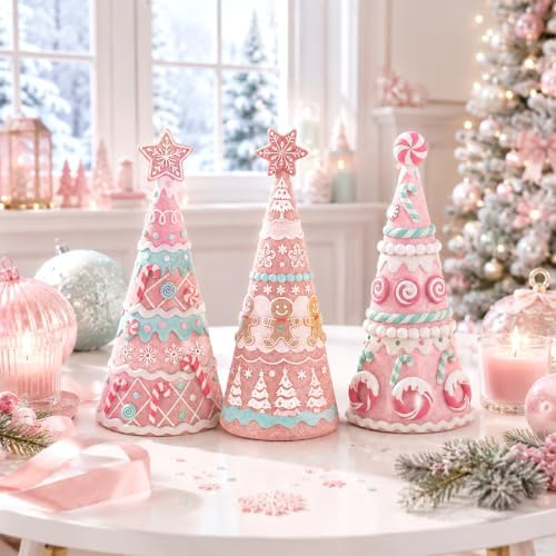 Simgoing 3 Pcs Pink Gingerbread Christmas Tree Figurines Pastel Table Decor