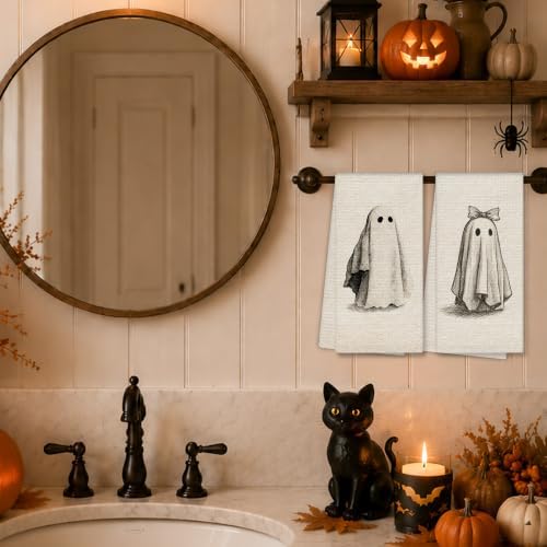 Neutral Halloween Ghost Kitchen Towels, Rustic Farmhouse Halloween Hand Towels for Bathroom Decor, Cute Spooky Ghost Dishcloths Dish Towel for Kitchen 16x24 Inches Set of 2