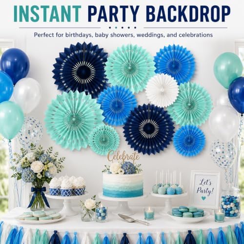 Blue White Hanging Honeycomb Round Paper Fans Decoration Kit for Baby Boy Shower Birthday Navy Ocean Wedding Under The Sea Theme Photo Booth Backdrops Paper Party Supplies 11 Count