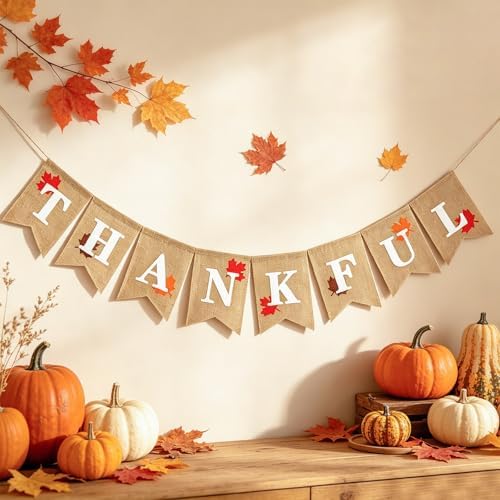 Whaline Thankful Burlap Banner Rustic Thanksgiving Garland Fall Maple Leaves Decorations Thanksgiving Mantel Fireplace Wall Hanging for Autumn Harvest Thankful Party Home Decor