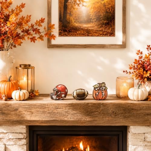 Smile Fall Wooden Tabletop Decor Set, 3-Piece Pumpkin Football Helmet Table Topper Signs for Autumn Harvest Home Decor