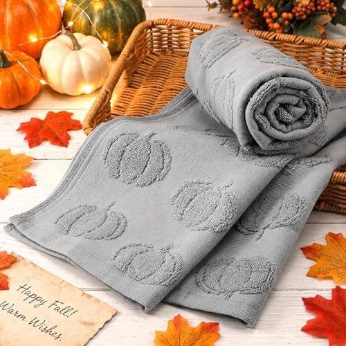Mindsoft 2 Pcs Fall Hand Towels 3D Pumpkin Jacquard,Light Gray