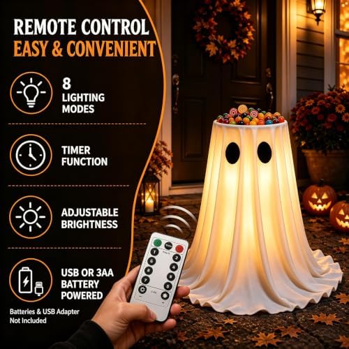 USB Powered Halloween Ghost Candy Bowl Stand w/ 8-Mode Remote LED Lights