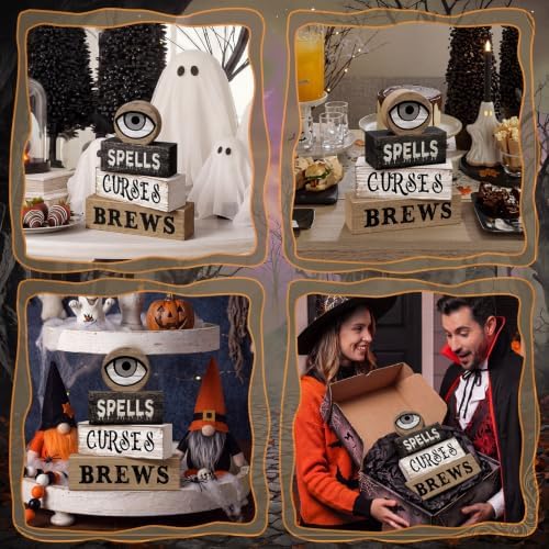 Moucuny 4 Pcs Halloween Table Decor Witchy Wooden Stacked Block Decor