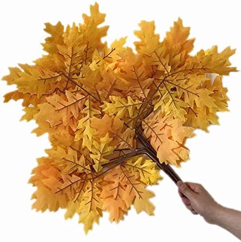 12pcs Artificial Oak Tree Branch Faux Eiche Leaf Stem Three Forks per piece for Greenery Wall Floral Decoration (Yellow)