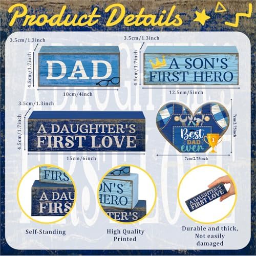 Lineshading 4 Pcs Dad Block Signs Wooden Farmhouse Decor, Father's Day