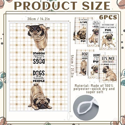 Redbaker 6 Pcs Pug Kitchen Towels Puppy Dish Towel Gifts for Pug Lovers