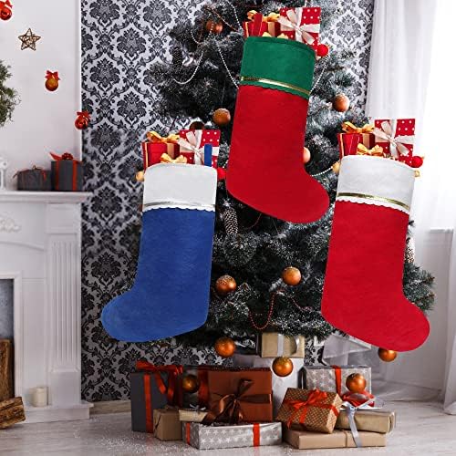 12 Pack Felt Christmas Stockings, 19 Inches Blue and White Christmas Stockings Hanging Ornaments, White Cuff with Silver Trim Christmas Stockings for Family Christmas Holiday Decorations