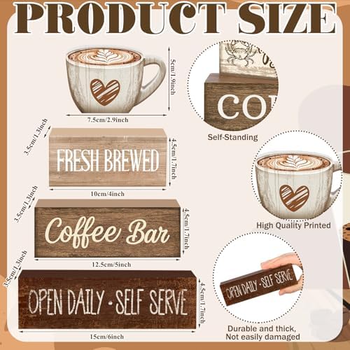 Moucuny 4 Pcs Farmhouse Coffee Bar Signs Decor Wooden Cafe Cup Signs