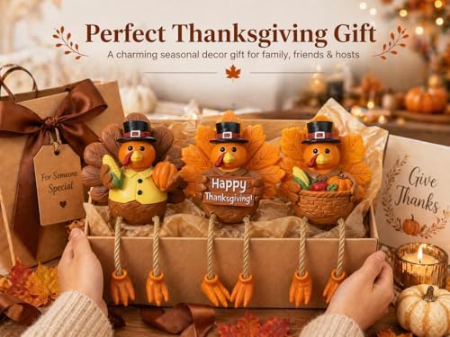 Thanksgiving Turkey Tabletop Centerpiece Decor Resin Turkey Figurines Set of 3 Fall Turkey Shelf Sitter Decor for Thanksgiving Table Decorations Tiered Tray Mantel Shelf Kitchen Entryway Decoration