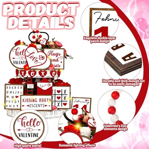 FairySandy 16 Pcs Valentine's Day Tiered Tray Decorations Set Valentine Heart Wood Sign Farmhouse Romantic Sweet Table Decor Love Theme Centerpieces for Kitchen Home Decor Wedding Party Gift