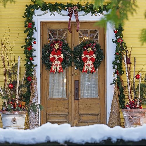 Estivaux 2 Pieces Christmas Bows for Wreath, Merry Christmas Wreath Bows Red Burlap Bows Xmas Craft Bows Ornaments Winter Leaf Flower Tree Bows for Front Door Christmas New Year Decorations