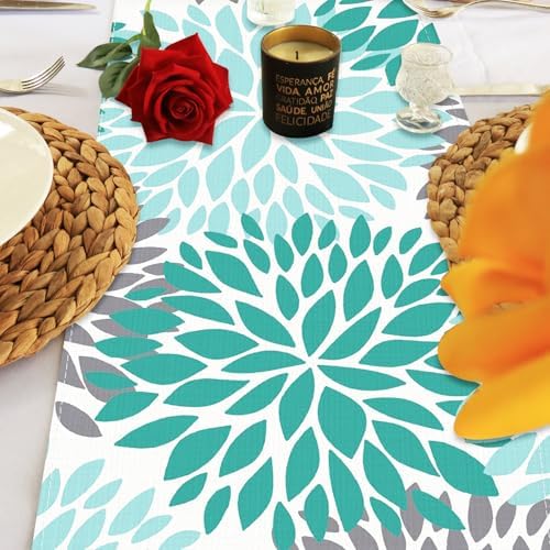 Niviy Green Table Runner 108 inches Long Dahlia Pinnata Flower Pattern Spring Summer Seasonal Kitchen Dining Green Table Decoration for Indoor Outdoor Home Party Decor (13 x 108 inch)