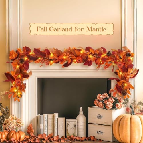 SHareconn 2 Packs 9ft Fall Garland with Lights and Timer for Mantle