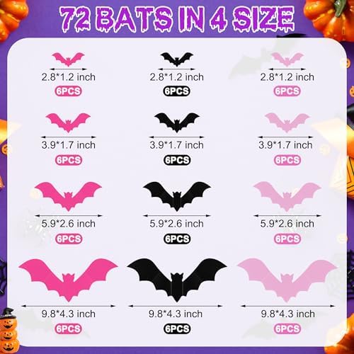 72 Pcs Bats Pink Halloween Decoration, 3D Bat Wall Decor Stickers