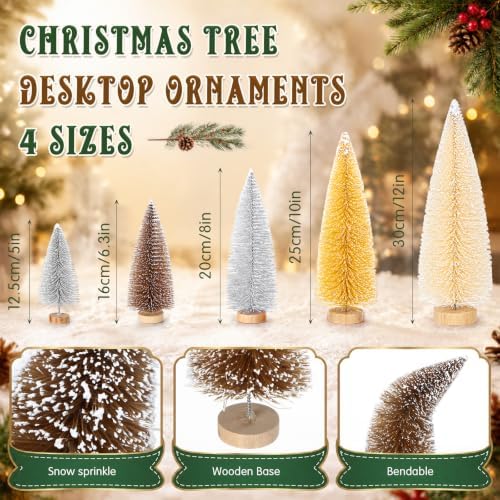 Vinsot 20 Pcs Bottle Brush Christmas Trees Miniature Tree, White,Gold