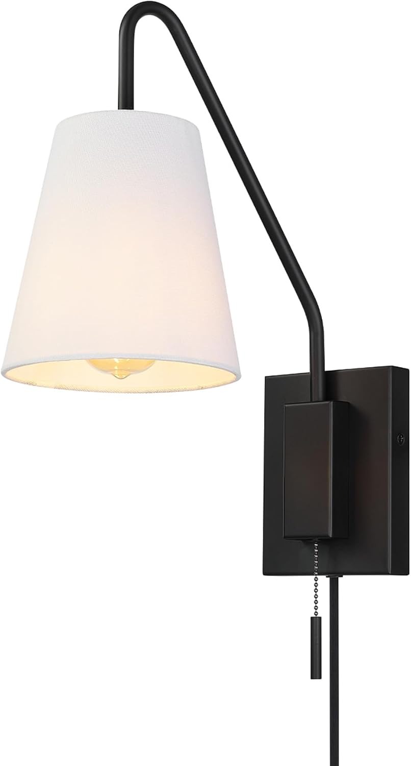 Globe Electric 1-Light Matte Black Swing Arm Plug-in or Hardwire Wall Sconce with White Fabric Shade
