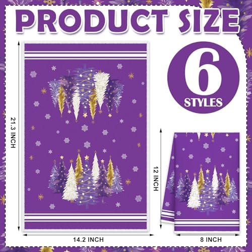 Oudain 6 Pcs Purple Christmas Kitchen Towels Xmas Tree Tea Dishtowels Decorative Plaid Bathroom Hand Towel Farmhouse Purple Christmas Decorations for Kitchen Bath Housewarming Home Gifts