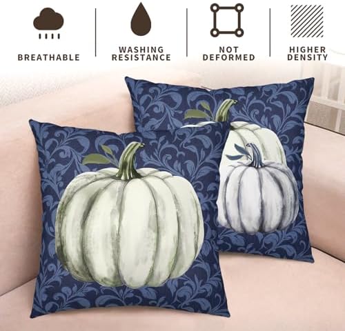 Fall Decorative Throw Pillow Covers 20 x 20 Inch Set of 2 Navy Blue White Pumpkin Outdoor Pillow Covers Autumn Thanksgiving Harvest Cushion Case for Farmhouse Living Room Decor
