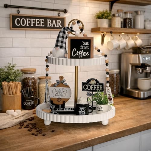 Coffee Bar Decor, 8 PCS Coffee Decorations for Table Tiered Tray Shelf