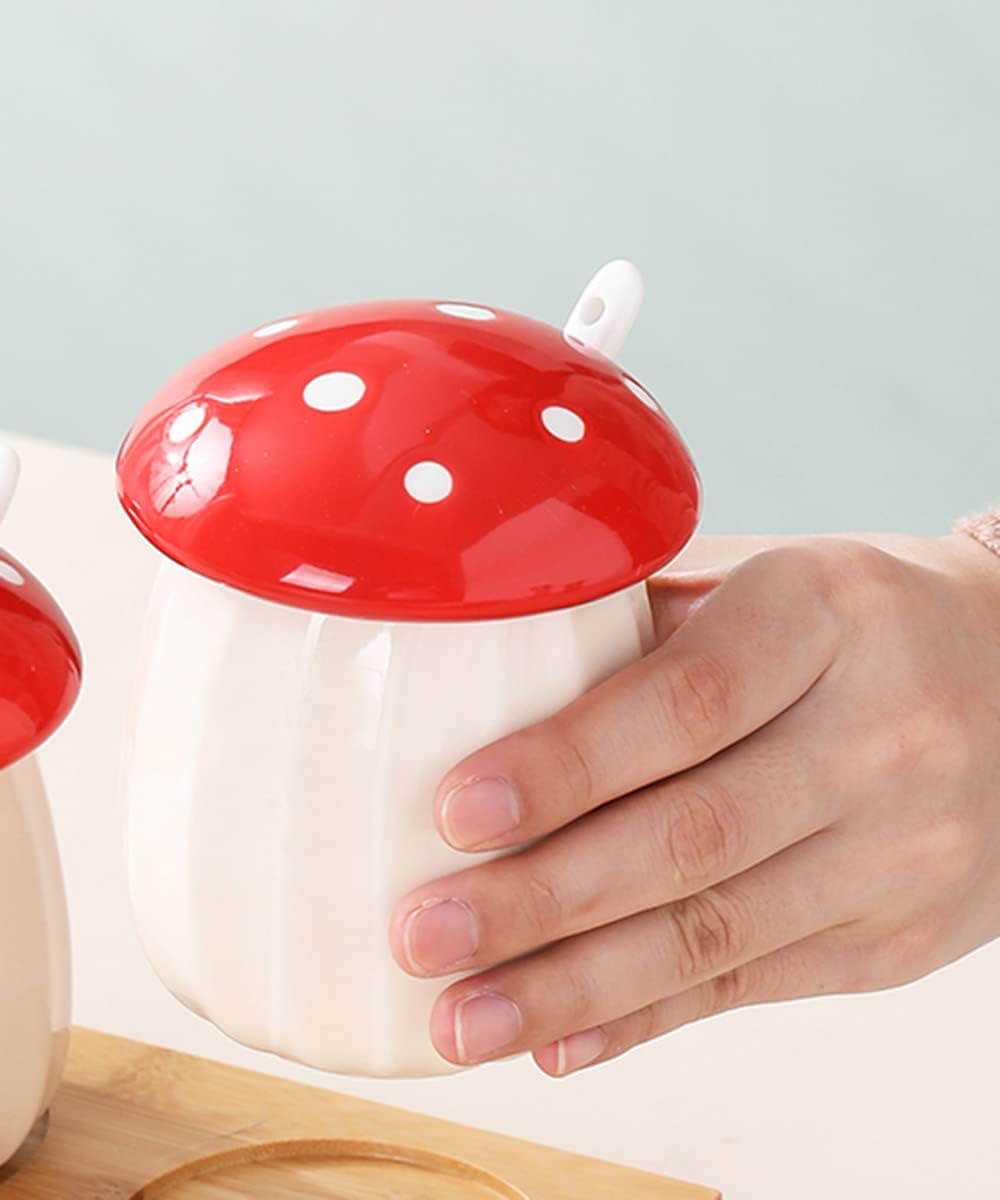 Ceramic Mushroom Shape Sugar Bowl Spice Jar Seasoning Pot / Red