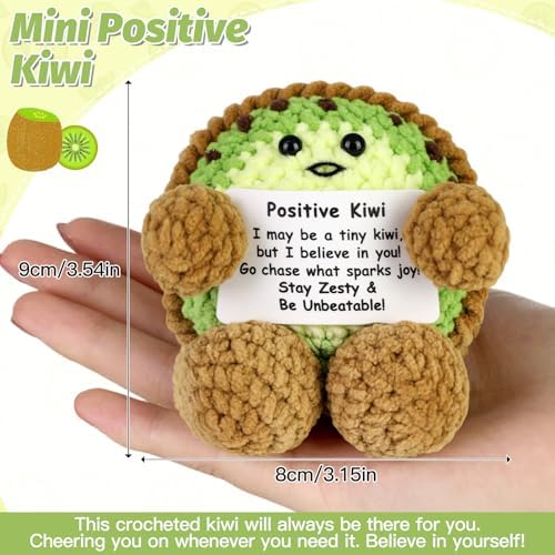 Funny Positive Crochet Kiwi Gift Emotional Support Crochet Fruit with Positive Card for Coworker Family Inspirational Handmade Fall Holiday Birthday Kiwifruit Gifts for Office Home Desk Decor