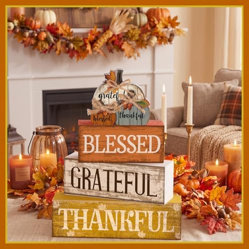 Lineshading 4 Pcs Stacked Pumpkin Block Signs, Fall Thanksgiving Decor