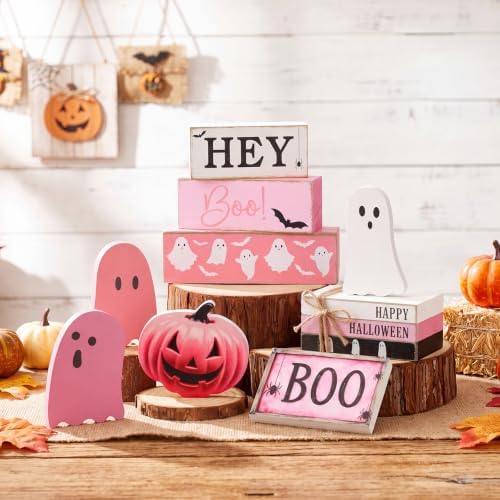 11 Pcs Halloween Table Decoration Pink Ghost Wooden Tiered Tray Decor Halloween Table Centerpiece Wooden Signs for Spooky Season Ghost Party Haunted Home Kitchen Shelf
