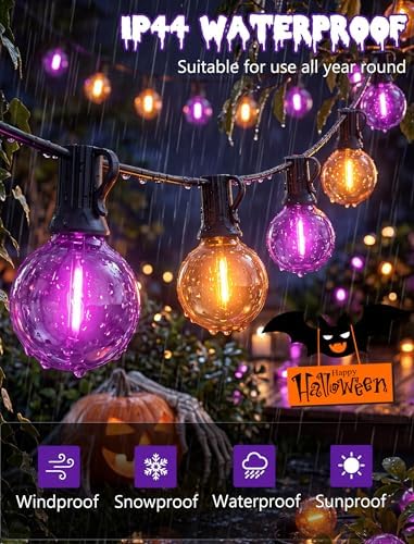25FT G40 LED Outdoor Halloween String Lights, Orange and Purple Halloween Decorations Lights with 27 Shatterproof Globe Bulbs(2 Spare), Hanging Patio Lights for Holiday Balcony Backyard Party Garden