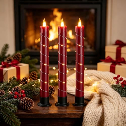 Flameless Cone-Shaped Candle, Patented with Starlight String, 11 Key Remote Control, Timer, Battery Powered, Patented Simulated Flame, 3 Packs, Christmas Home and Wedding Decoration (red)