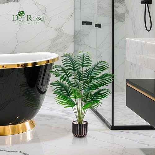 Der Rose 28" Fake Palm Tree in Black Gold Pot for Living Room Decor