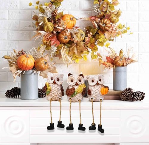 Thanksgiving Owl Figurines Set of 3 Fall Shelf Sitters Dangling Legs