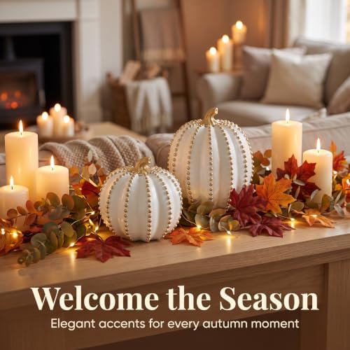 Fall Decorations for Home Set of 2 White & Gold Resin Pumpkin Table Decor