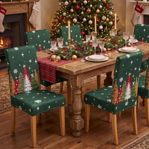 Christmas Chair Covers Set of 6,Xmas Tree Dining Chair Slipcovers,Elastic Removable Washable Dining Parsons Chair Protectors,Christmas Decor for Home Green