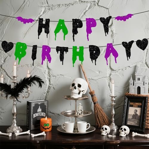 Happy Birthday Halloween Banner NO DIY Glitter Halloween Birthday Party Decorations for Home Office Wall Mantle Scary Party Decorations (Black Green Purple)