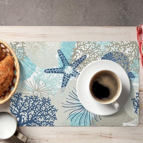 Nautical Coastal Placemats Set of 6 18x12 Inch Summer Beach Themed Linen Place Mats Heat-Resistant Washable Wipeable Beachy Seashell Table Mat for Party Kitchen Dining Room Dinner Table Decor