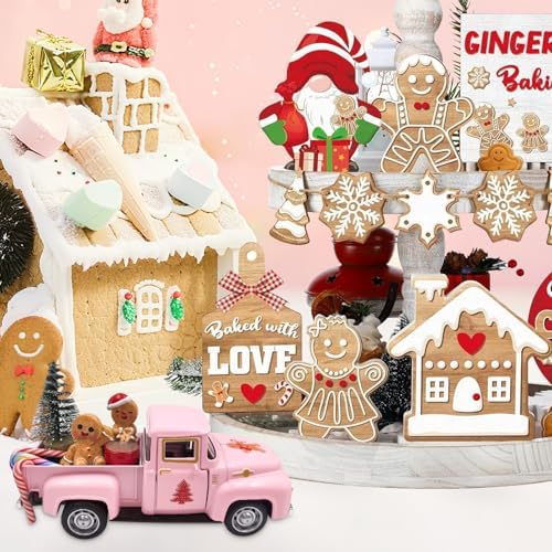 Pink Gingerbread Christmas Decor Farmhouse Metal Truck with Mini Hot Cocoa
