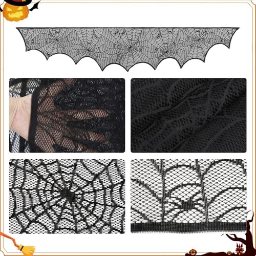 Halloween Decorations Black Lace Spiderweb Fireplace Mantle Scarf Cover(19x99 Inch) Indoor Outdoor Spider Web Netting Spooky Haunted House Home Room Bedroom Table Wall Decor Party Favors Supplies