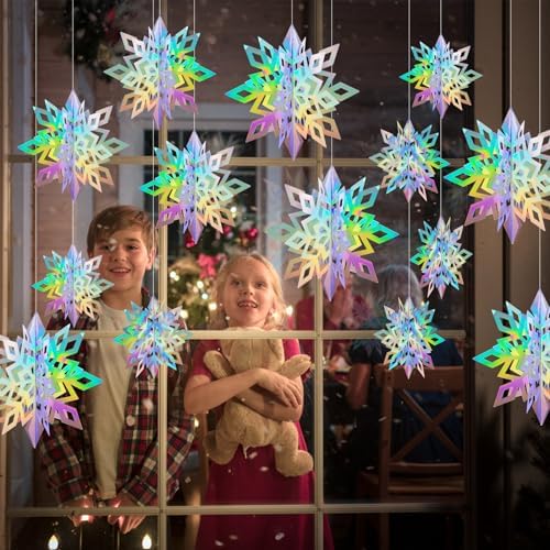 Crafare 18PCS Christmas Hanging Holographic Snowflake Ornamnets 3D Paper Snowflakes Garland Sparkly 3 Size for Winter Wonderland Holiday New Year Party Decoration