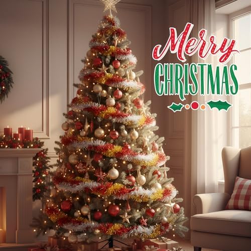 Shappy 90 ft 6 Rolls Christmas Tinsel Garland for Tree, Gold, Silver, Red