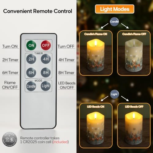 Eywamage Fiber Optic Christmas Flameless Pillar Candles with Remote, Flickering Forest Deer Holiday LED Battery Candles Set of 3