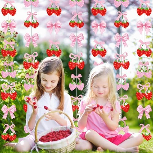 Xinnun Pink Bow Strawberry Garland Berry First Birthday Decorations