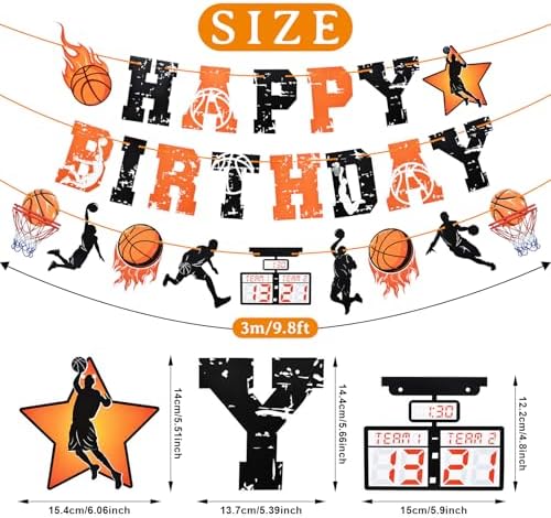 Basketball Happy Birthday Banner - Orange and Black Sports-Themed Party Decoration with Basketball Hoops and Fireball Design, Pre-Assembled, No DIY Required, Festive Indoor Outdoor Birthday Party Supplies