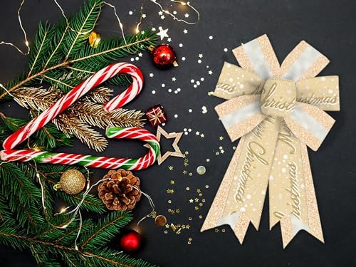 Estivaux 2 Pieces Christmas Bows for Wreath, Merry Christmas Wreath Bows Glitter Golden Burlap Bows Xmas Craft Bows Ornaments Winter Snow Tree Bows for Front Door Christmas New Year Decorations