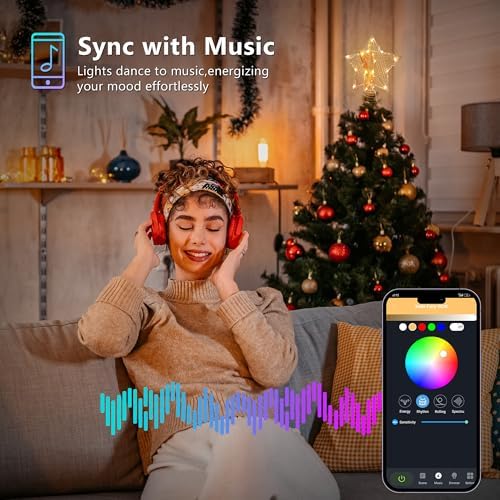 ODEETRONIC Smart Christmas Tree Topper, 8" RGB Star Tree Topper, 20LED 3D Hollow Color Changing Lighted Tree Top, APP & Remote Control Music Sync Gold Glitter Tree Topper for Xmas Indoor Party Holiday