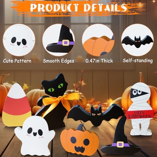 Cute Halloween Decorations Indoor: 7PCS Wooden Tiered Tray Decor Table Sign - Pumpkin Ghost Bat Black Cat Mummy Witch Hat Candy Corn Freestanding Signs for Party Home Mantel Shelf Display