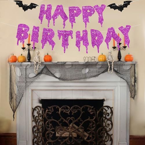 Purple Glitter Happy Birthday Halloween Banner- NO DIY - Halloween Hanging Paper Garland Bunting Banner Decorations, Party Supplies for Kids Boy Girl Birthday