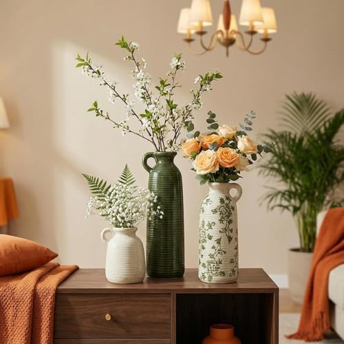 Ceramic Vase Set of 3 with Handles, Green White Neutral Rustic Modern Farmhouse Boho Decor, Versatile as Table