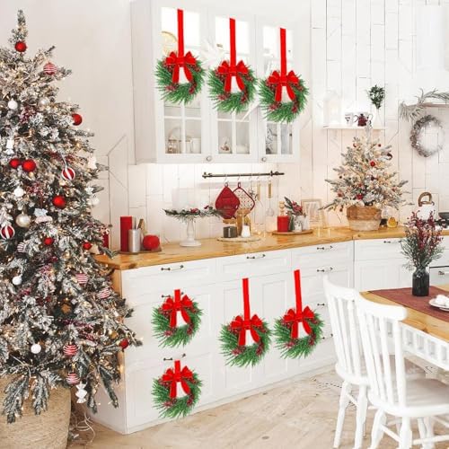 YoleShy 6 Pcs Small Christmas Wreath 12'' Mini Wreaths for Kitchen Cabinet Wreaths with Berry & Red Velvet Bow Ribbon Window Wreath Christmas Xmas Farmhouse Decoration for Front Door Chair Wall